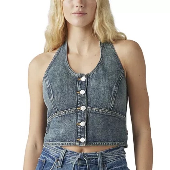Levi's Janeesah Top Denim Halter Smocked Back Casual Chic Blue Medium NWT - Picture 1 of 11